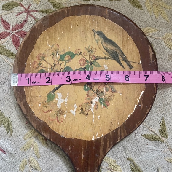 VTG I Long Handle Round Wood Hand Mirror Bird Dogwood Flowers - Picture 4 of 16